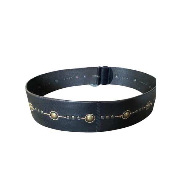 Fossil Black Leather Wide Waist Belt Brass Studded Embroidered Size Medium main image 4